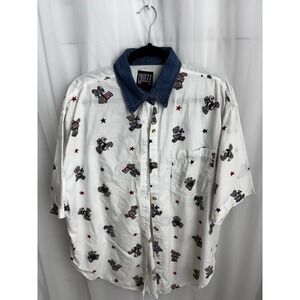 Vintage Quiz Again Teddy Bear Print Denim Collar Shirt Plus Size Women's Size 20